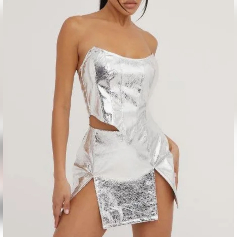 Love Nation Metallic Silver Front Double Slit Mini Faux Leather Skirt NWT